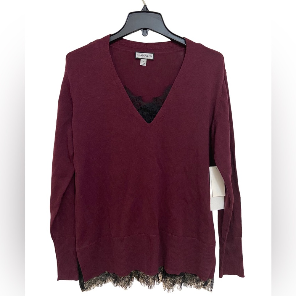 Sam Jess Lace Trim V-Neck Sweater Wine S New With Tags